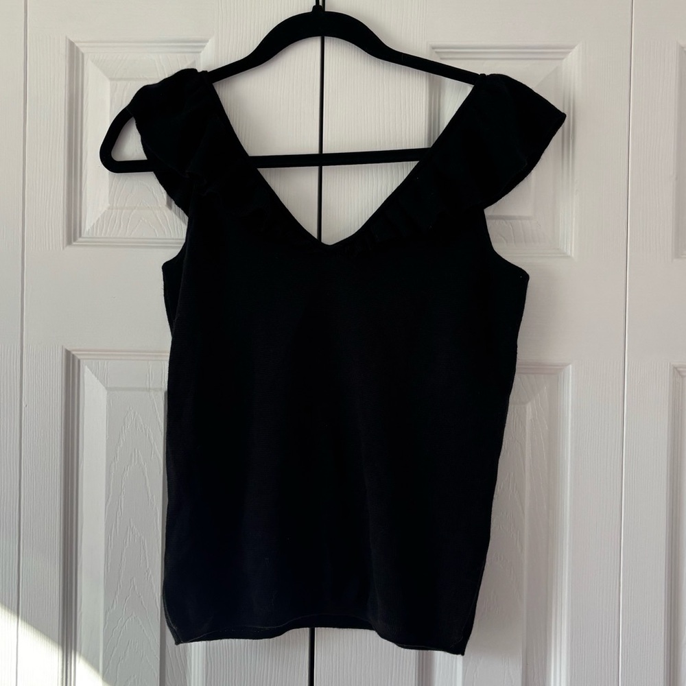 NWT Madewell Black V-Neck Ruffle Strap Merino Wool Blend Tank